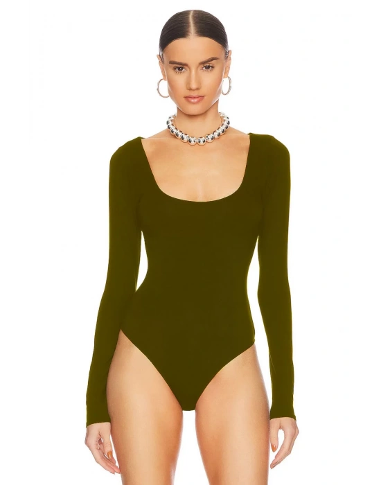 bysoca Kadın Kahverengi U Yaka Uzun Kollu İpek Jarse Vücudu Saran Basic Bodysuit