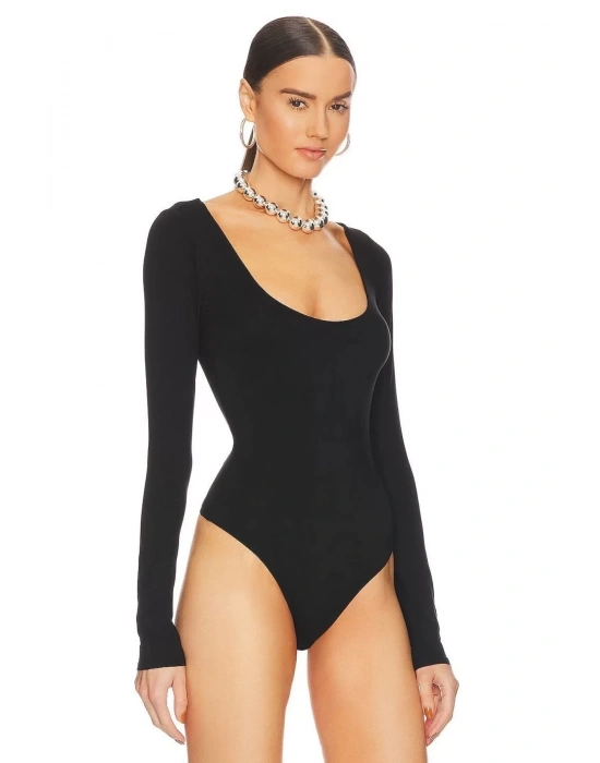 bysoca Kadın Siyah U Yaka Uzun Kollu İpek Jarse Vücudu Saran Basic Bodysuit
