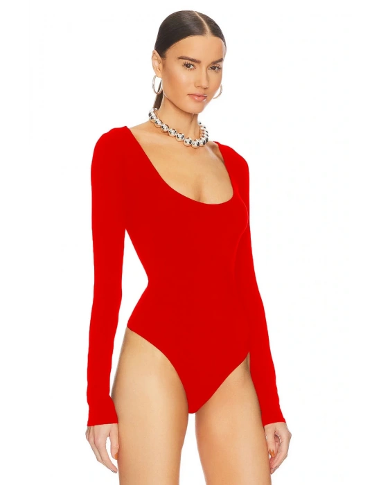 bysoca Kadın Kırmızı U Yaka Uzun Kollu İpek Jarse Vücudu Saran Basic Bodysuit