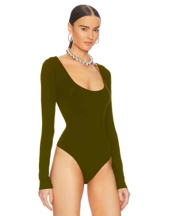 bysoca Kadın Kahverengi U Yaka Uzun Kollu İpek Jarse Vücudu Saran Basic Bodysuit