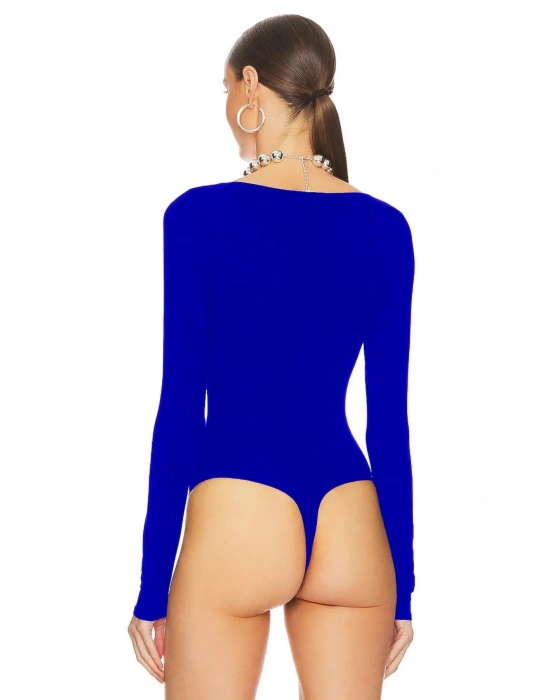 bysoca Kadın Saks Mavisi U Yaka Uzun Kollu İpek Jarse Vücudu Saran Basic Bodysuit