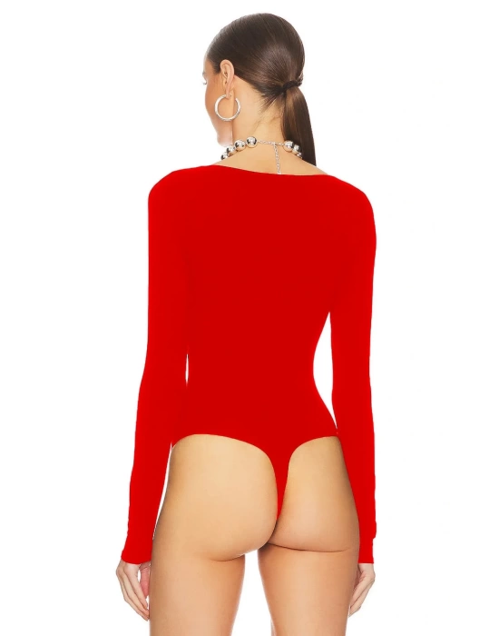 bysoca Kadın Kırmızı U Yaka Uzun Kollu İpek Jarse Vücudu Saran Basic Bodysuit