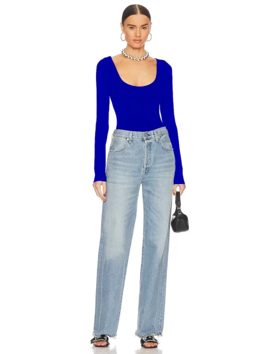 bysoca Kadın Saks Mavisi U Yaka Uzun Kollu İpek Jarse Vücudu Saran Basic Bodysuit