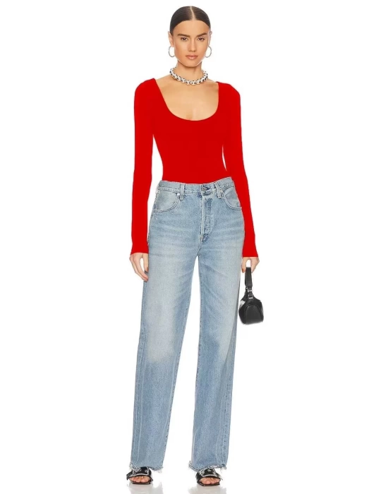 bysoca Kadın Kırmızı U Yaka Uzun Kollu İpek Jarse Vücudu Saran Basic Bodysuit