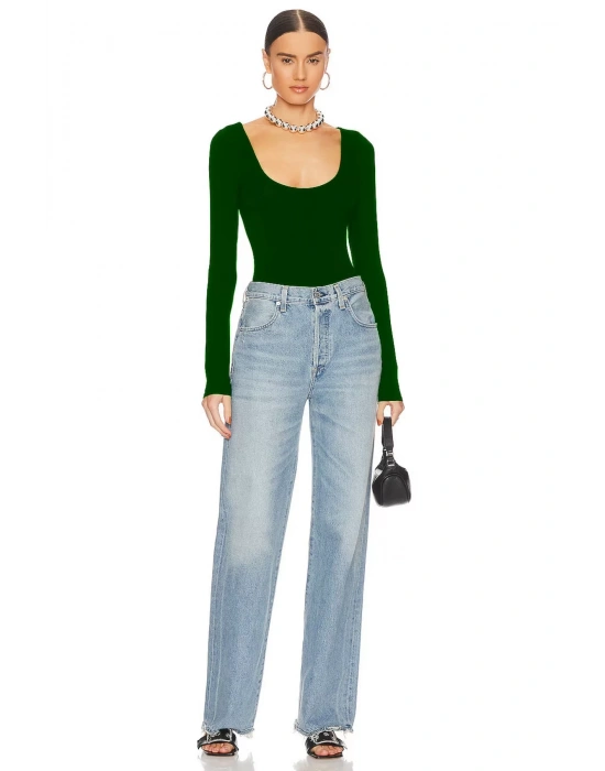 bysoca Kadın Zümrüt Yeşili U Yaka Uzun Kollu İpek Jarse Vücudu Saran Basic Bodysuit