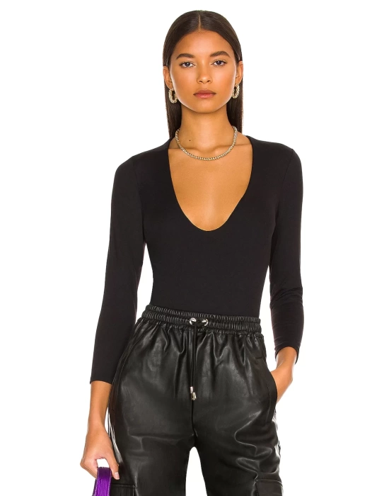 bysoca Kadın Siyah V Yaka Uzun Kol Vücudu Saran Jarse Tanga Basic Bodysuit