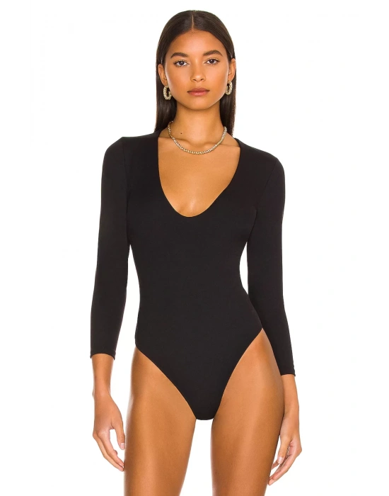 bysoca Kadın Siyah V Yaka Uzun Kol Vücudu Saran Jarse Tanga Basic Bodysuit