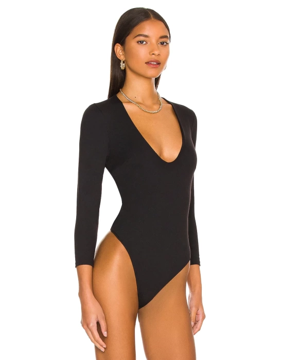 bysoca Kadın Siyah V Yaka Uzun Kol Vücudu Saran Jarse Tanga Basic Bodysuit