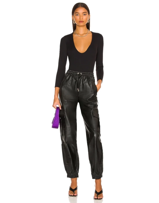 bysoca Kadın Siyah V Yaka Uzun Kol Vücudu Saran Jarse Tanga Basic Bodysuit