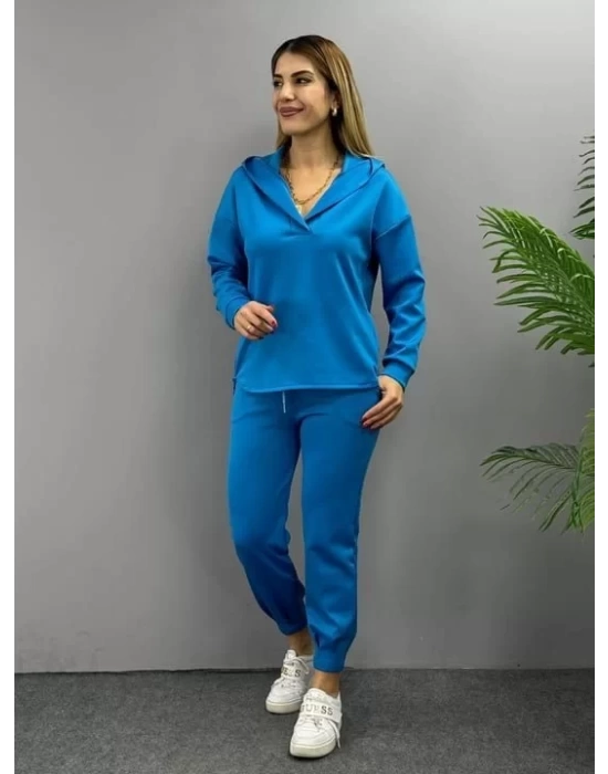 Kadın Uzun Kol V Yaka Kapüşon Detay Sweat Ve Yüksel Bel Eşofman Ikili Takım