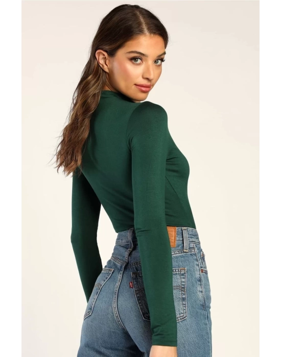 bysoca Kadın Koyu Yeşil Balıkçı Yaka Uzun Kollu Vücudu Saran Sandy Kumaş Tanga Basic Bodysuit