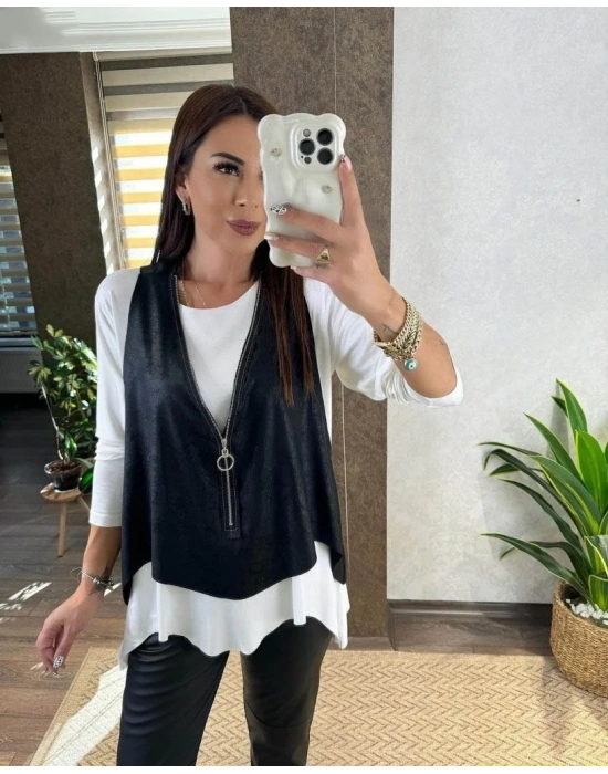bysoca Kadın Uzun Kollu Asimetrik Kesim Viskon Bluz ve Deri Görünümlü Yelek İkili Takım - Beyaz