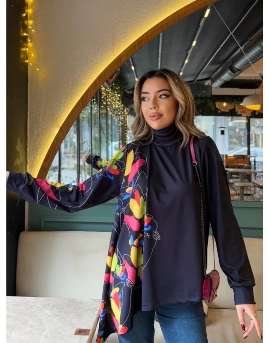 Kadın Uzun Kollu Balıkçı Yaka Asimetrik Kesim Dalgıç Kumaş Bluz