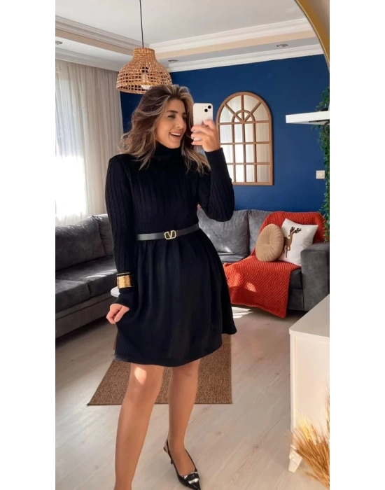 Kadın Uzun Kollu Balıkçı Yaka Belden Yaka Belden Büzgülü Kısa Triko Elbise