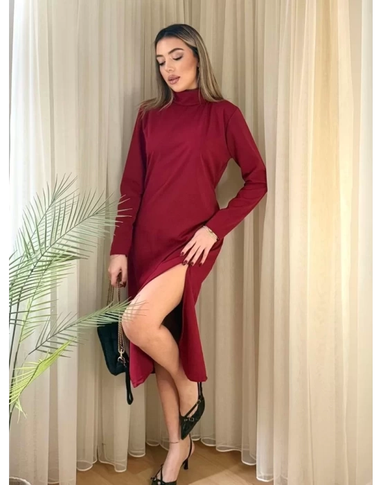 Kadın Uzun Kollu Balıkçı Yaka Derin Yırtmaç Detay Krep Elbise
