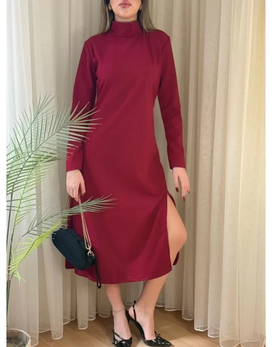 Kadın Uzun Kollu Balıkçı Yaka Derin Yırtmaç Detay Krep Elbise