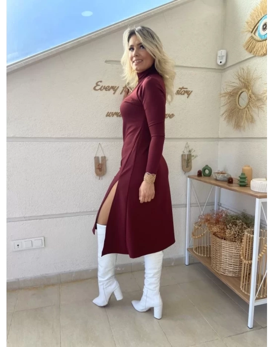 Kadın Uzun Kollu Balıkçı Yaka Derin Yırtmaç Detay Krep Elbise