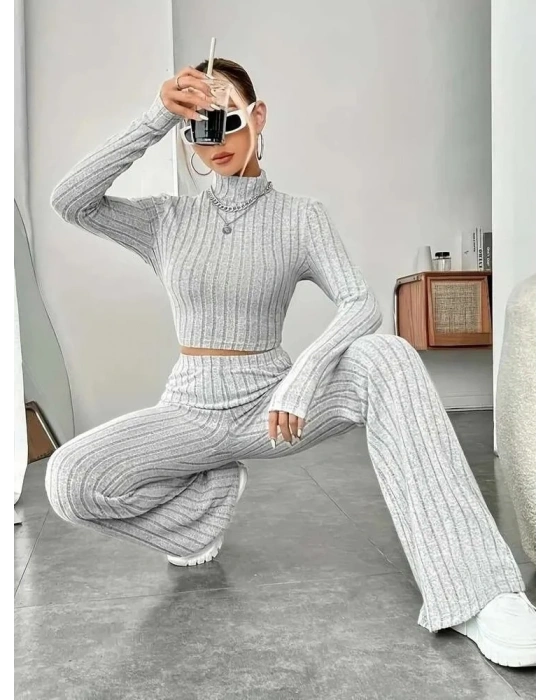 bysoca Kadın Balıkçı Yaka Uzun Kol Crop Bluz ve İspanyol Paça Pantolon Fitilli İkili Takım - Gri