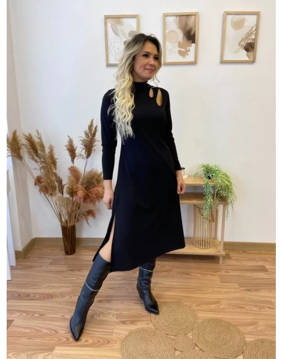 Kadın Uzun Kollu Balıkçı Yaka Omuzda Damla Detaylı Yırtmaçlı Krep Midi Elbise