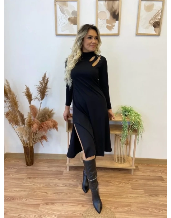 Kadın Uzun Kollu Balıkçı Yaka Omuzda Damla Detaylı Yırtmaçlı Krep Midi Elbise