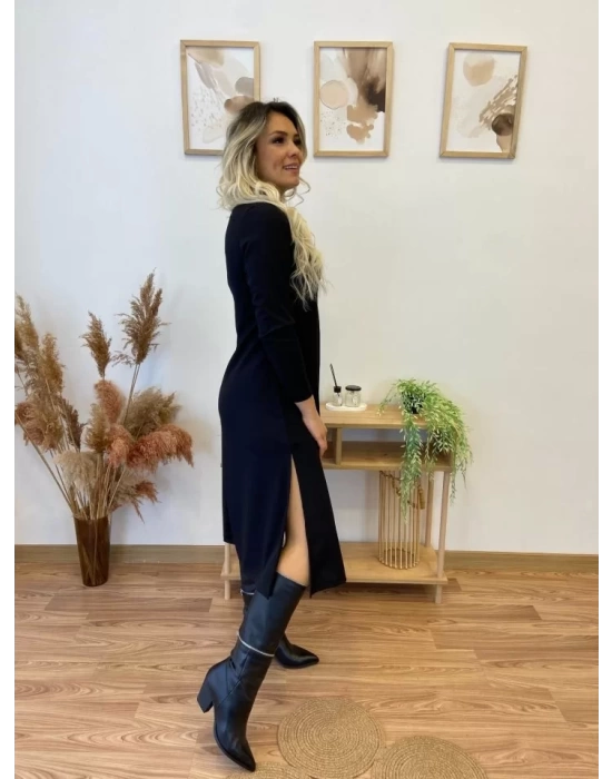 Kadın Uzun Kollu Balıkçı Yaka Omuzda Damla Detaylı Yırtmaçlı Krep Midi Elbise
