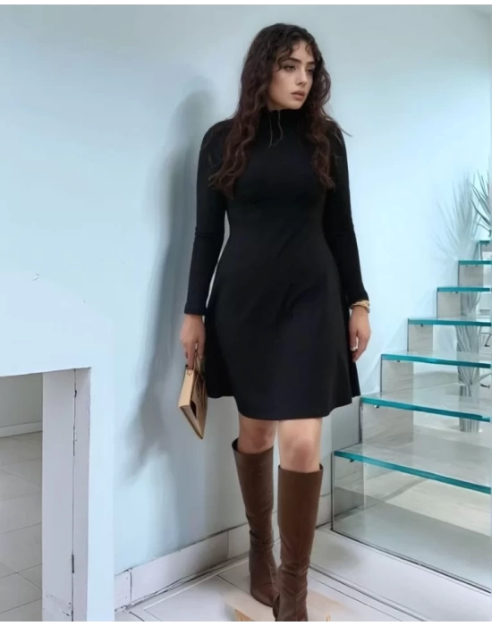 Kadın Uzun Kollu Balıkçı Yaka Salaş Kusa Akrilik Elbise