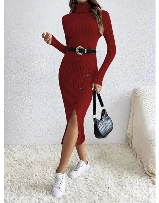 Kadın Uzun Kollu Balıkçı Yaka Yırtmaçlı Düğmeli şardonlu Kaşkorse Elbise(kemersiz)