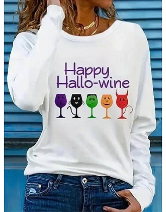 bysoca Kadın Uzun Kollu Bisiklet Yaka Happy Hallowine Baskılı Rahat Viskon Bluz Sweatshirt - Beyaz