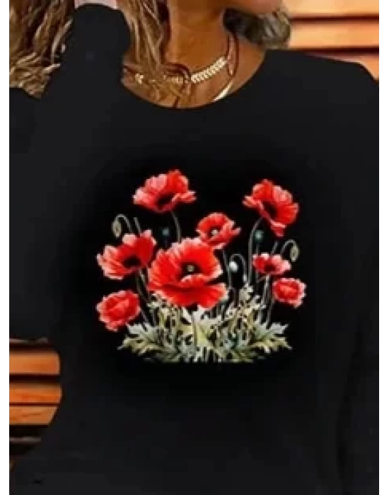 Kadın Uzun Kollu Bisiklet Yaka Baskılı Viskon Bluz