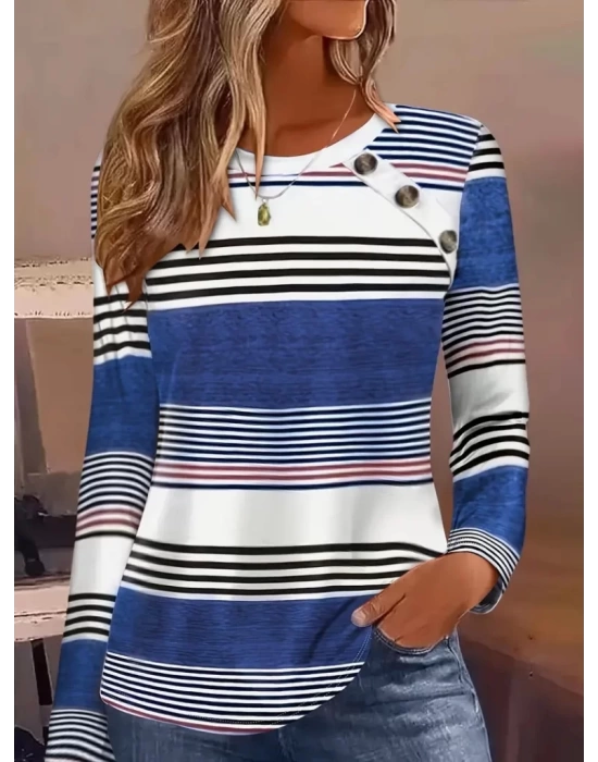 Kadın Uzun Kollu Bisiklet Yaka Düğme Detaylı Desenli Süprem Bluz