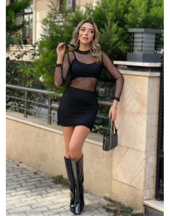 bysoca Kadın Uzun Kollu File Bluz Büstiyer ve Mini Etek Vücudu Saran Üçlü Takım - Siyah