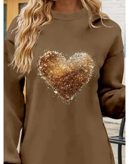 bysoca Kadın Günlük Uzun Kol Kapşonlu Göğüs Baskılı SweatShirt - Gri