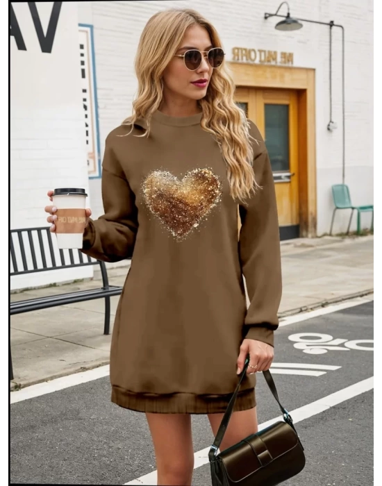 bysoca Kadın Günlük Uzun Kol Kapşonlu Göğüs Baskılı SweatShirt - Gri