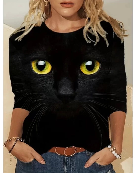 Kadın Uzun Kollu Bisiklet Yaka Kedi Desenli Süprem Bluz