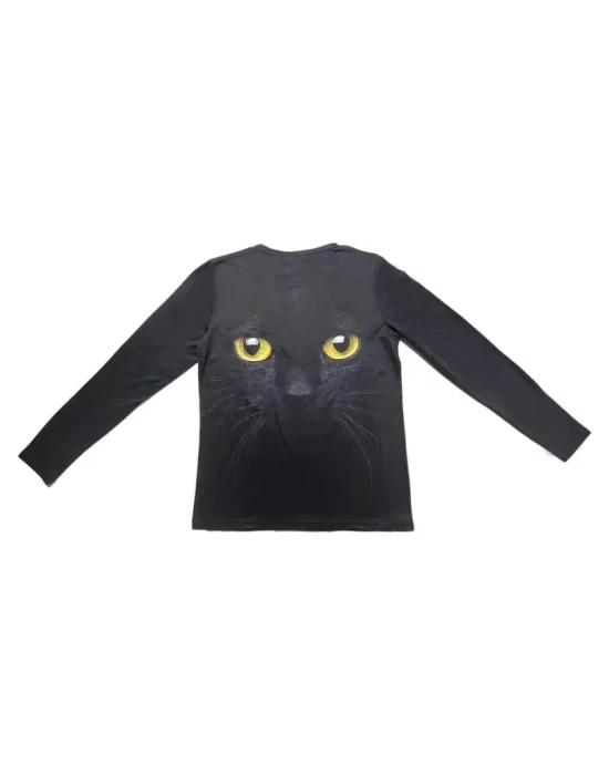 Kadın Uzun Kollu Bisiklet Yaka Kedi Desenli Süprem Bluz