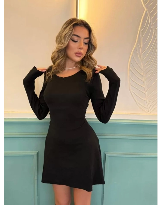 Kadın Uzun Kollu Bisiklet Yaka Kısa Kaşkorse Elbise