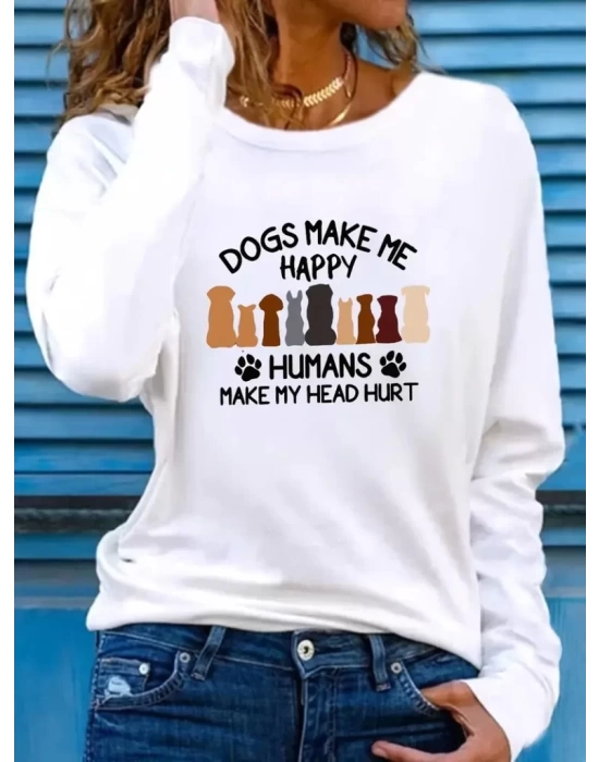 Kadın Uzun Kollu Bisiklet Yaka Köpek Resimli Viskon Bluz