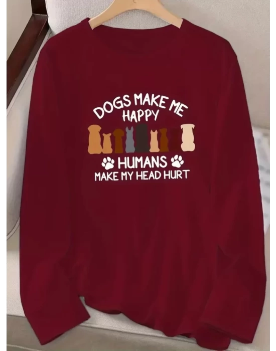 Kadın Uzun Kollu Bisiklet Yaka Köpek Resimli Viskon Bluz