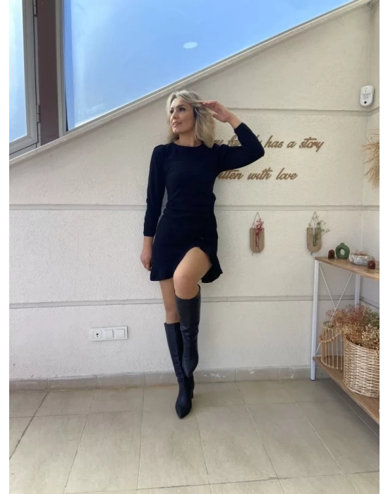 bysoca Kadın Uzun Balon Kollu Bisiklet Yaka Yanı Büzgülü Eteği Volanlı Mini Kısa Elbise - Siyah
