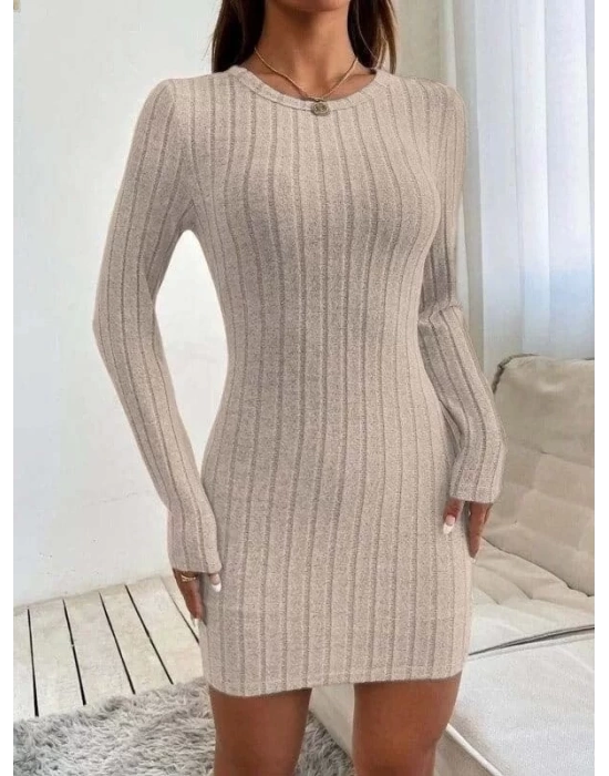 Kadın Uzun Kollu Bisiklet Yaka şardonlu Kalın Fitilli Kaşkorse Mini Boy Elbise