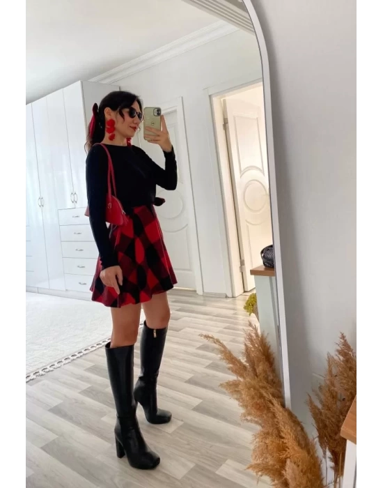 Kadın Uzun Kollu Bisiklet Yaka üst Viskon Alt Ekose Kısa Elbise