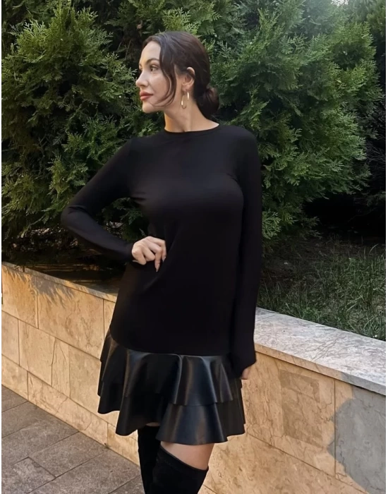 Kadın Uzun Kollu Bisiklet Yaka üst Viskon Etek Ucu Deri Kısa Elbise