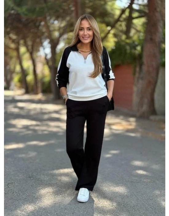 Kadın Uzun Kollu çift Renk Detay Modal Kumaş Ikili Takım