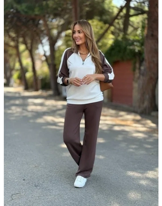 Kadın Uzun Kollu çift Renk Detay Modal Kumaş Ikili Takım