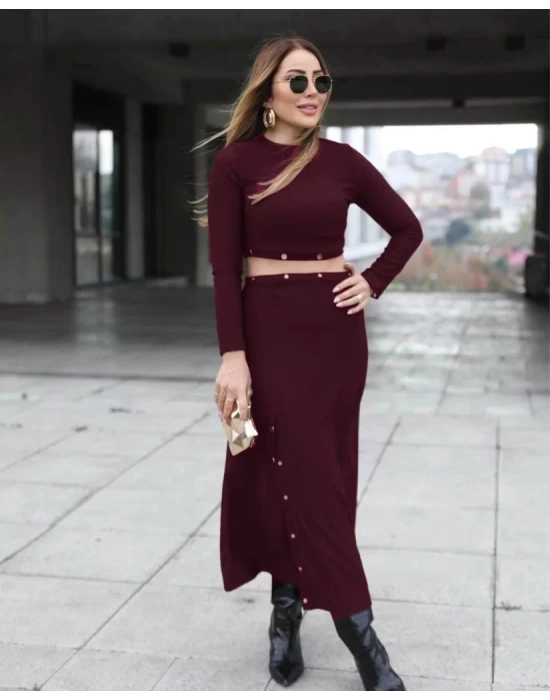 Kadın Uzun Kollu çıtçıtlı Viskon Krop Bluz Ve Yırtmaçlı Etek Istenildiğinde Elbise Olan Ikili Takım