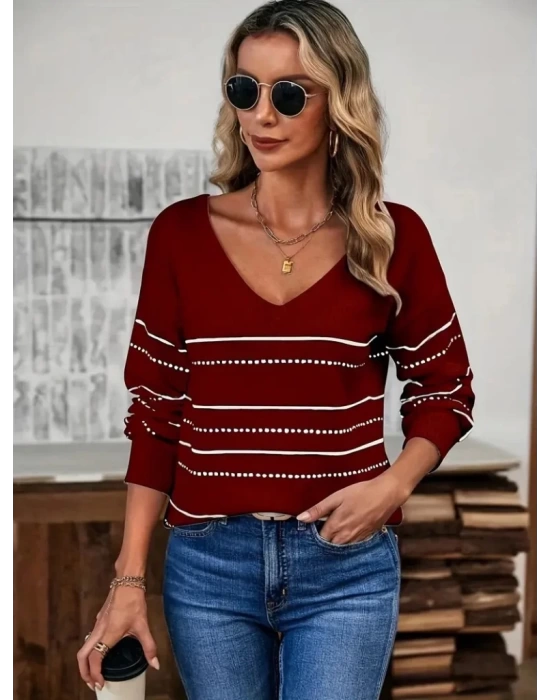 Kadın Uzun Kollu Derin V Yakalı çizgi Desenli Triko Bluz