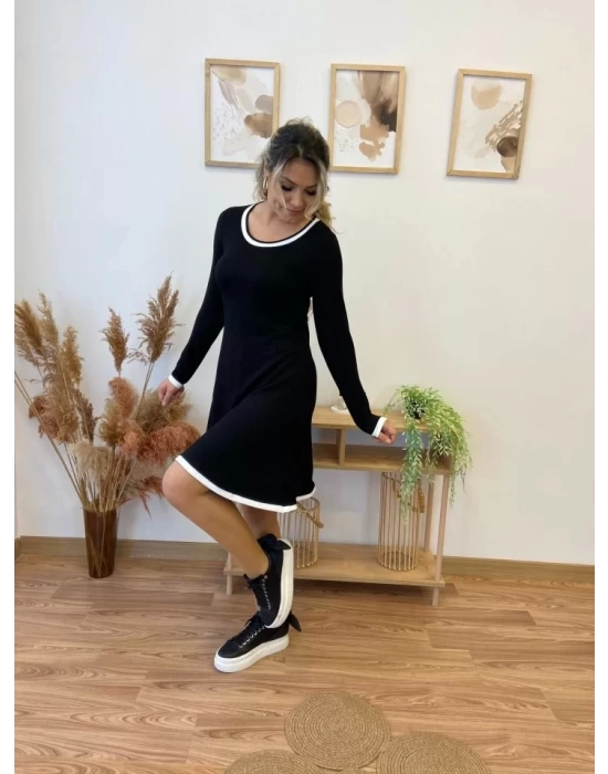 Kadın Uzun Kollu Derin Yuvarlak Yakalı Kısa Viskon Iki Iplik Elbise