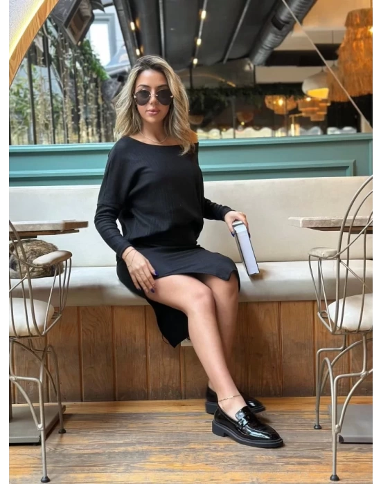 Kadın Uzun Kollu Düşük Omuz Yırtmaç Detay Kaşkorse Etek Bluz Ikili Takım