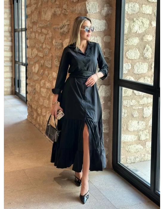 Kadın Uzun Kollu Eteği Fırfırlı Beli Kuşaklı Trikoton Tam Boy Gömlek Elbise
