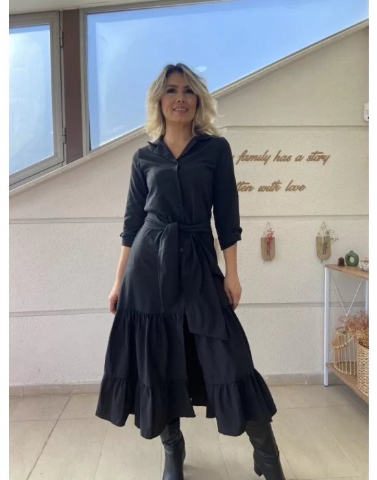 Kadın Uzun Kollu Eteği Fırfırlı Beli Kuşaklı Trikoton Tam Boy Gömlek Elbise